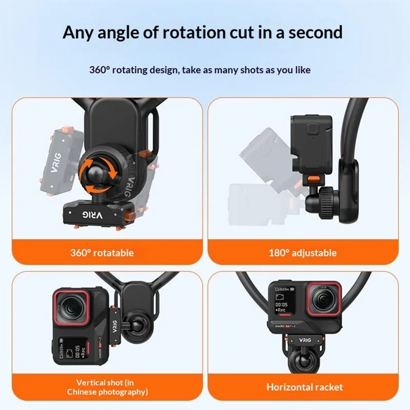 VRIG AC-82 360 Degree Ball Head Magnetic Neck Mount Bracket for Insta360 Ace  /  Pro  /  Pro 2  /  X5  /  X4 Air Quick Release Adjustable Bracket - Black