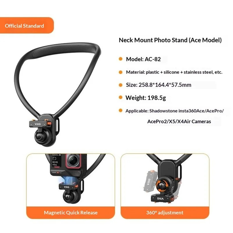 VRIG AC-82 360 Degree Ball Head Magnetic Neck Mount Bracket for Insta360 Ace  /  Pro  /  Pro 2  /  X5  /  X4 Air Quick Release Adjustable Bracket - Black