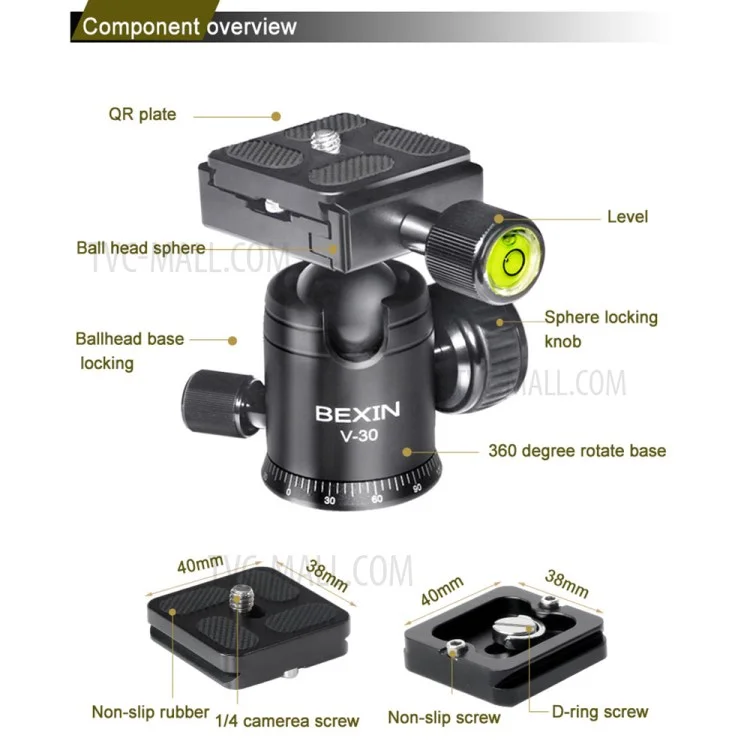 BEXIN V-30 Rotule de caméra panoramique 360 degrés pour trépied portable