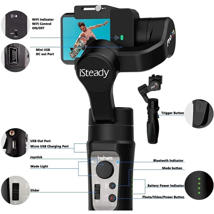 HOHEM Isteady Pro 3 Anti-Vibrations Stabilisateur Portable Étanche pour Caméra Action 