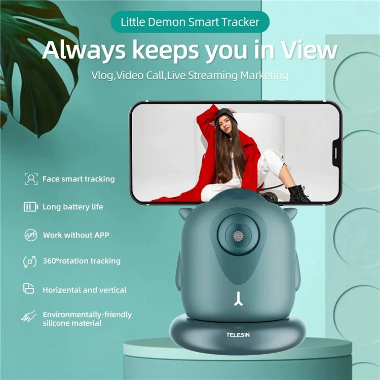TELESIN TE-GPYT-002 Little Demon Smart Tracker Auto Face Tracking Stabilizer Smart Shooting Gimbal 360 Rotating Vlog Live Video Phone Holder with 1/4 Adapter Mount for GoPro iPhone Samsung - Green