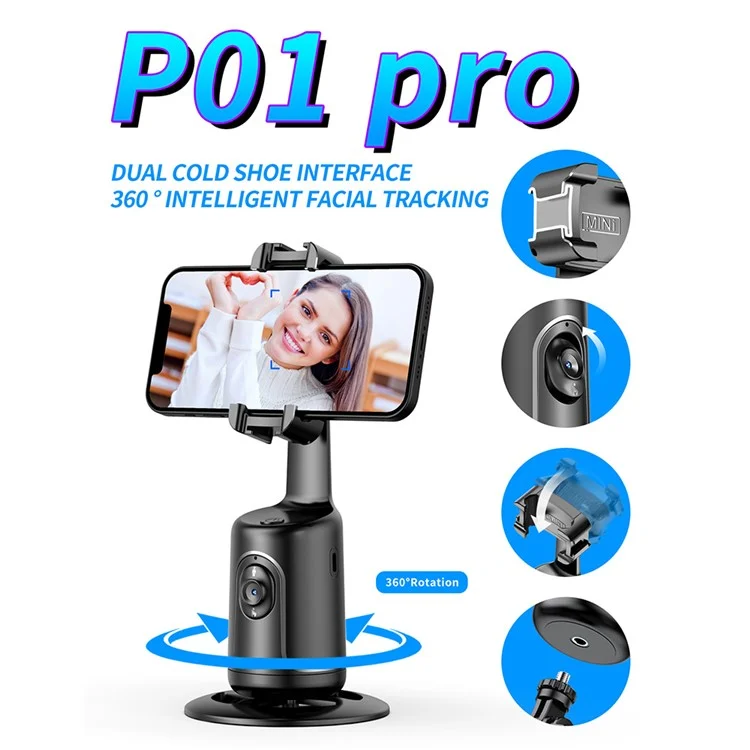 P01 pro 360-Degree Intelligent Tracking Gimbal Camera com Cold Shoe Portable Gimbal Stabilizer - Preto