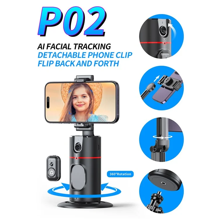 P02 Bureau Direct Streaming Gimbal Caméra Panoramique Suivre Trépied 360 degrés Reconnaissance Faciale IA Stabilisateur