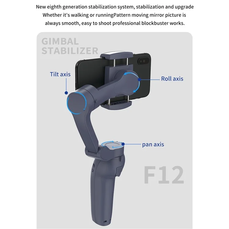 Estabilizador de teléfono antivibración F12 con módulo de seguimiento facial IA + Luz de relleno para transmisión en vivo 
