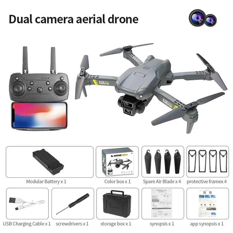 XKJ K13 Max Altitude Hold RC Drone Fotografía aérea HD plegable, Cuadricóptero, Doble lente / 1 Batería - Gris