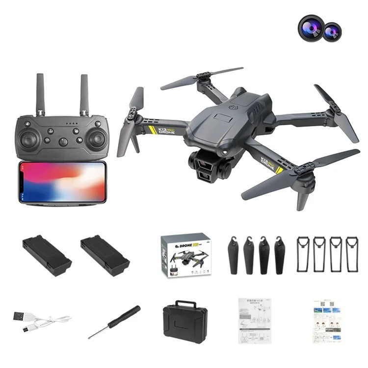 XKJ K13 Max HD Drone photo aérien pliable à altitude constante, jouet RC à double objectif / 2 batteries - Noir