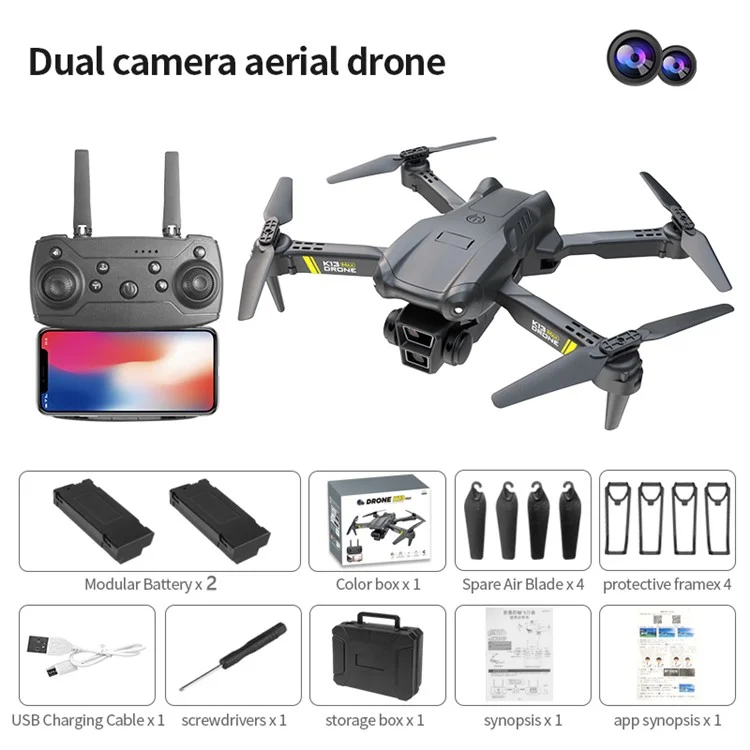 XKJ K13 Max HD Drone photo aérien pliable à altitude constante, jouet RC à double objectif / 2 batteries - Noir