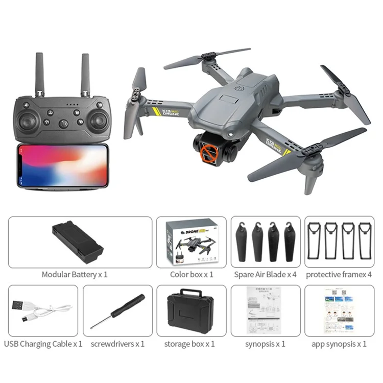 XKJ K13 Max Foldable Quadcopter Toy Altitude Hold RC Drone, No Camera / 1 Battery - Grey