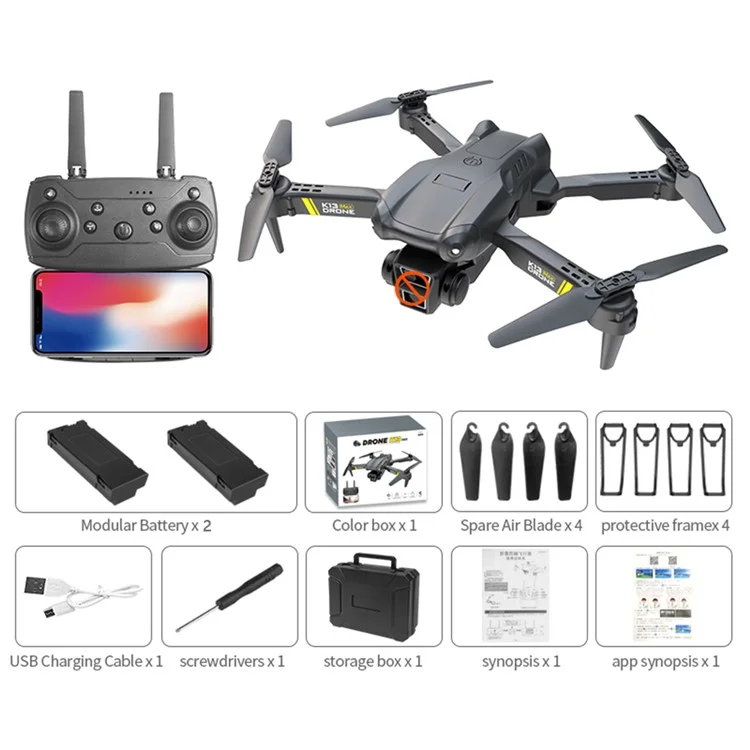 XKJ K13 Max Foldable Quadcopter Toy Altitude Hold Trajectory Flight RC Drone, No Camera / 2 Batteries - Black