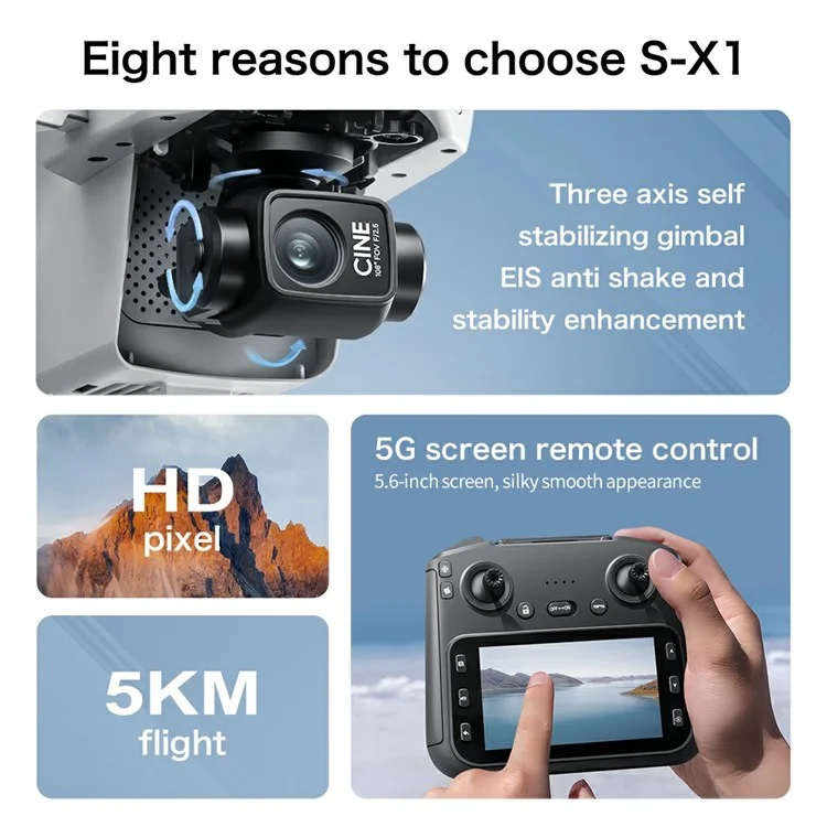 S-X1 Aerial Photography GPS Drone 3-Axis Gimbal Brushless Quadcopter, Single Battery - White