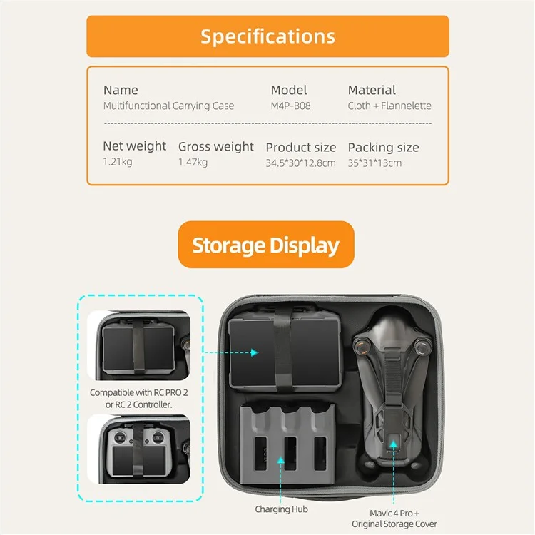 SUNNYLIFE M4P-B08 Drone Carrying Case for DJI Mavic 4 Pro / RC Pro 2 / RC 2 Remote Controller Portable Storage Bag