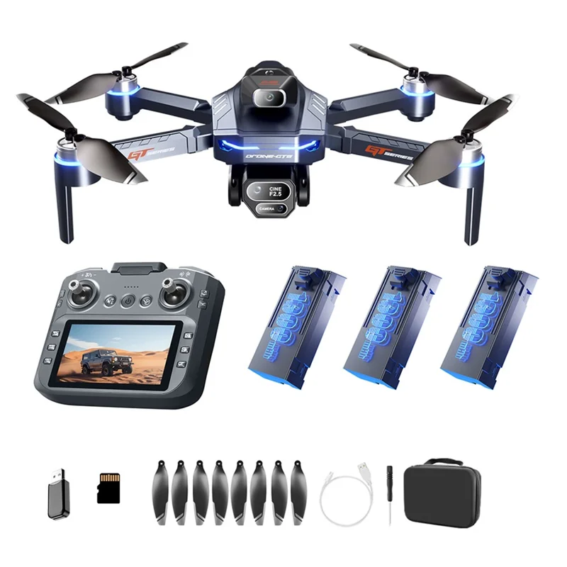 GT8 480P WiFi FPV Brushless Obstacle Avoidance Drone with Battery Display LCD Screen, Three Batteries