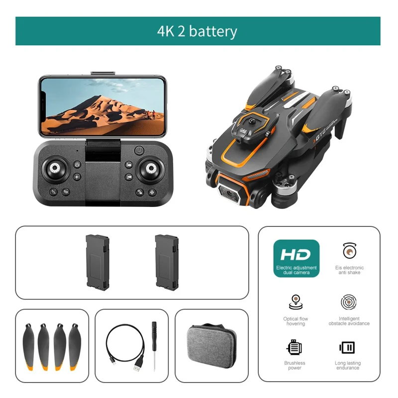 GT5 Drone RC Pliable avec Caméra HD 480P WiFi FPV Quadricoptère Brushless avec 2 Batteries