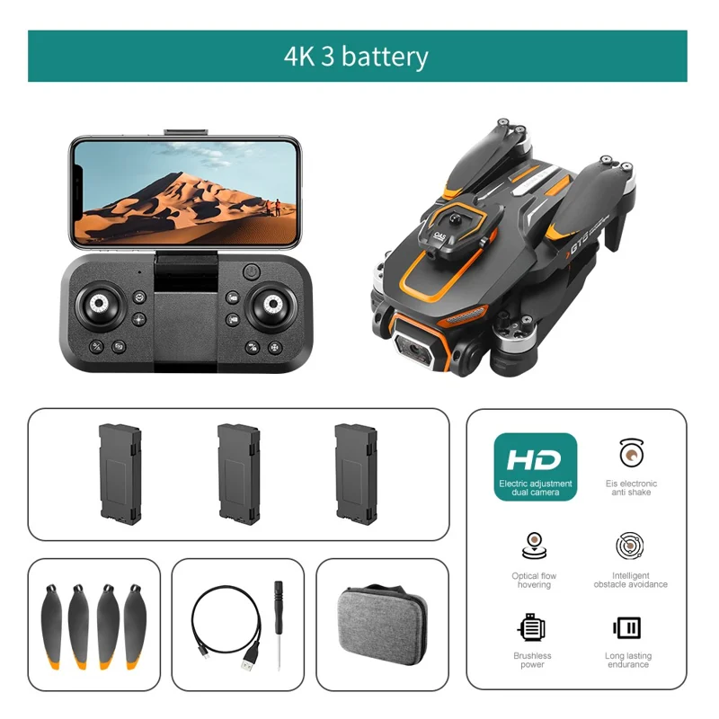 Drone RC Pliable GT5 avec Caméra HD 480P WiFi FPV Quadricoptère Brushless avec 3 Batteries