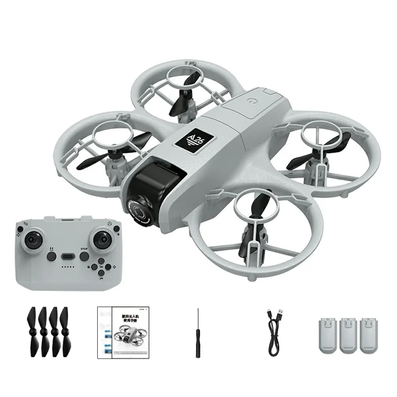 Drone de Fotografia Aérea A26 com Posicionamento por Fluxo Óptico, Modo Headless e Quadricóptero com 3 Baterias - Cinza