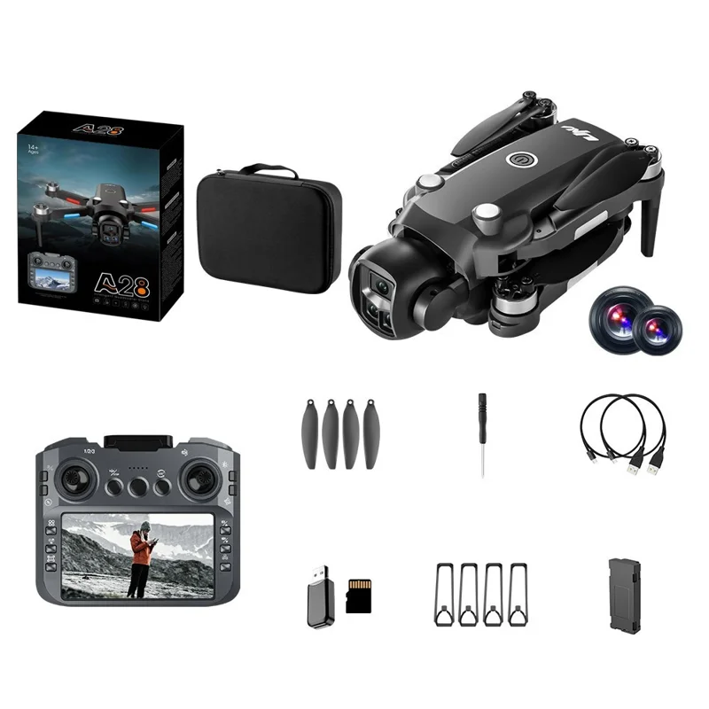 A28 Brushless Drone, 1 Battery with 8GB Memory Card Screen Controller Optical Flow Positioning Aerial Photography Quadcopter  - Black