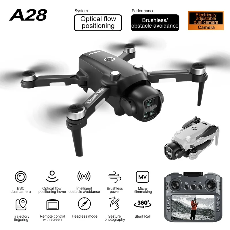 A28 Brushless Drone, 1 Battery with 8GB Memory Card Screen Controller Optical Flow Positioning Aerial Photography Quadcopter  - Black