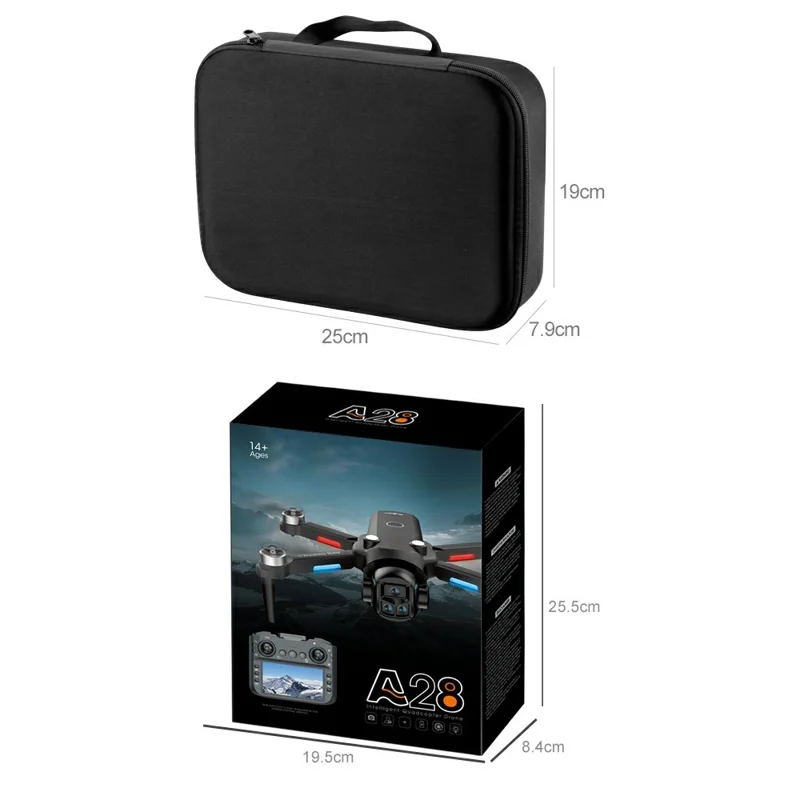 Drone sans balais A28, 3 batteries avec carte mémoire 8 Go, écran, contrôleur, positionnement par flux optique, photographie aérienne, quadricoptère - Noir