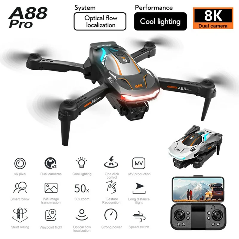 A88 2.4G 4CH Foldable Drone 8K Aerial Photography HD Dual Camera Optical Flow RC Quadcopter, 1 Battery - Black