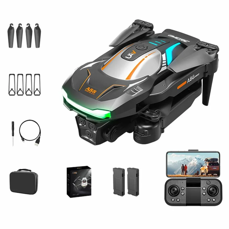 A88 2.4G 4CH Foldable Drone 8K Aerial Photography HD Dual Camera Optical Flow RC Quadcopter, 2 Batteries - Black