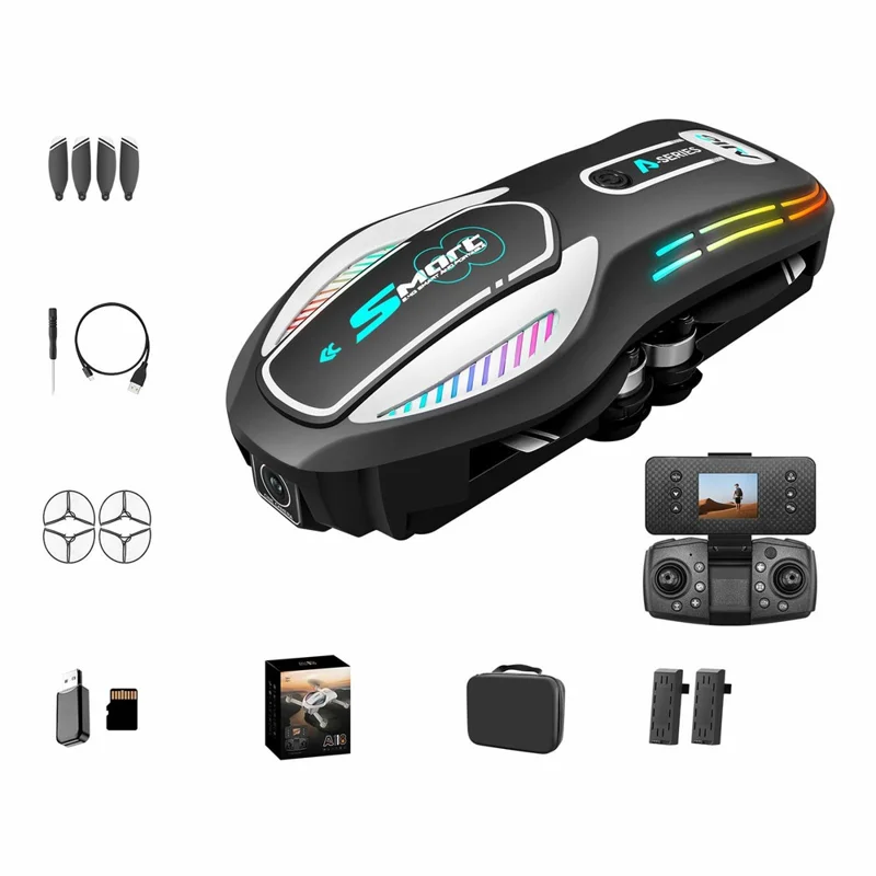A118 Brushless Drone, 2 Batteries Optical Flow Obstacle Avoidance RC Quadcopter with 8GB Memory Card Detachable Screen Controller - Black
