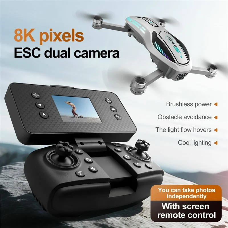 A118 Brushless Drone, 2 Batteries Optical Flow Obstacle Avoidance RC Quadcopter with 8GB Memory Card Detachable Screen Controller - Black