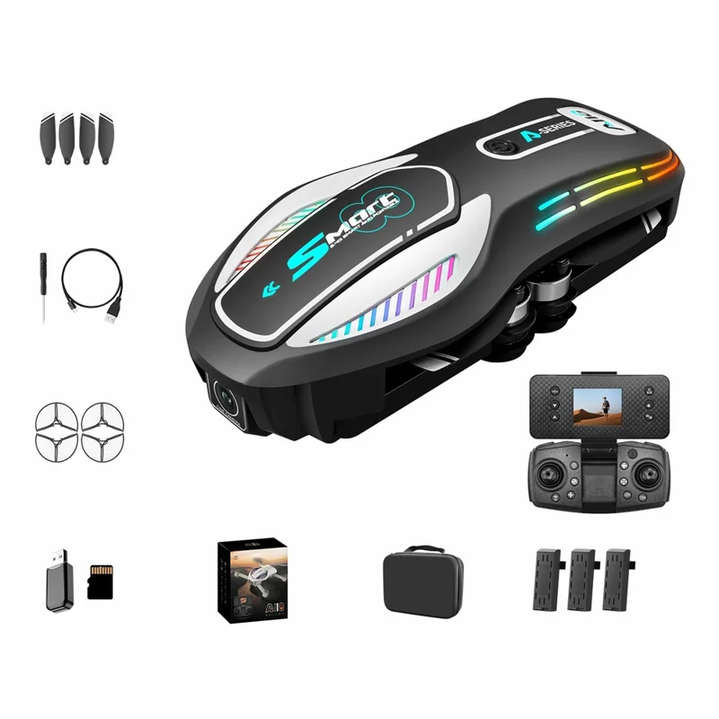 A118 Brushless Drone, 3 Batteries Optical Flow Obstacle Avoidance RC Quadcopter with 8GB Memory Card Detachable Screen Controller - Black