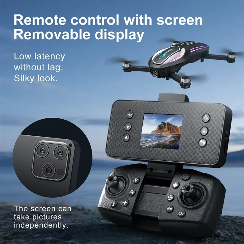 A118 Brushless Drone, 3 Batteries Optical Flow Obstacle Avoidance RC Quadcopter with 8GB Memory Card Detachable Screen Controller - Black