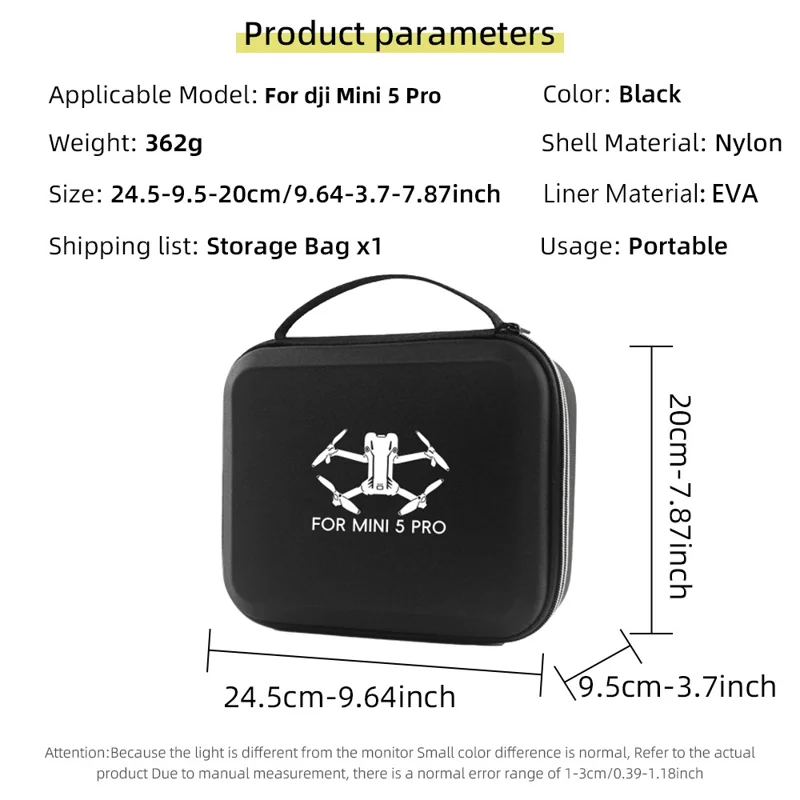 Bærbar opbevaringstaske til DJI Mini 5 Pro drone, hård EVA støddæmpende transporttaske - Sort
