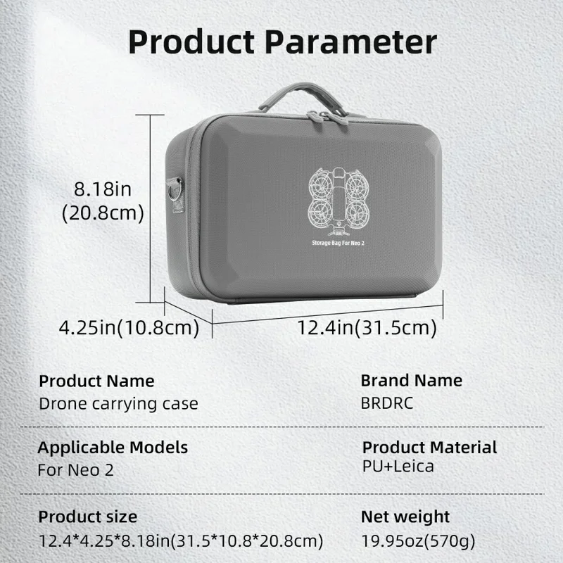 Tragetasche für DJI Neo 2 Drohne, PU + Leica wasserdichte Aufbewahrungstasche mit Schultergurt – Grau
