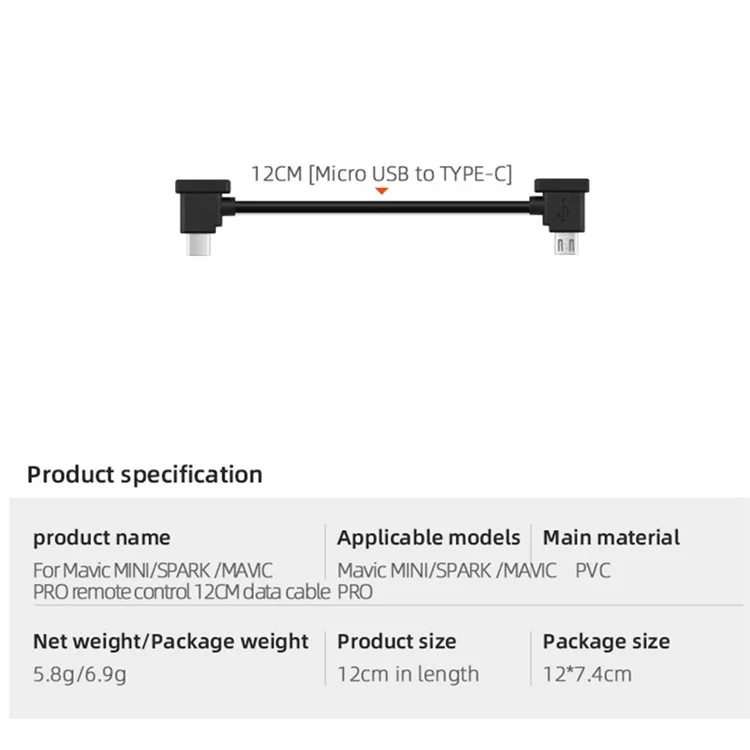 EWB8427 12cm Cabo de Dados Remoto de PVC Conectado para DJI Mavic Mini/Mavic 2/Spark/Mavic Pro/Mavic Air - Micro USB para Type-C