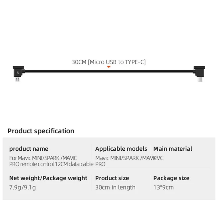 Câble de données de la télécommande EWB8426 30 cm pour DJI Mavic Mini/Spark/Mavic Pro/Mavic Air - Micro USB vers Type-C