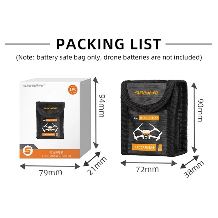 Sunnylife MM3-DC384 Para DJI Mini 3 Pro 1 Capacidade de Bateria Battery Storage Explosion Batter Battery Safe Bag