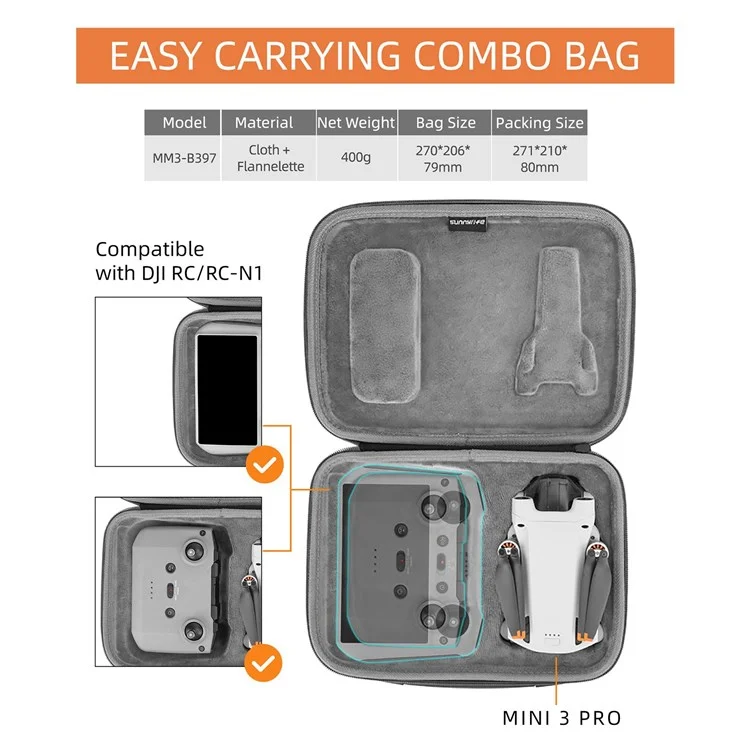 SUNNYLIFE MM3-B397 For DJI Mini 3 Pro Drone and Remote Control Portable Carrying Case Shockproof Storage Bag