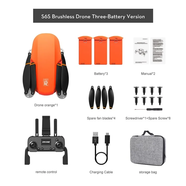 LSRC Mini S6S 5G WiFi 4K HD -kamera Bürstenlose Faltbare Luftfotografie RC -drohne FPV Quadcopter Mit 3 Batterien - Orange