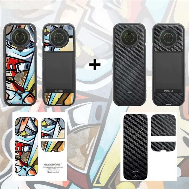 SUNNYLIFE IST-TZ485 For Insta360 X3 Adhesive Cute Pattern PVC Sticker Set Decoration Camera Accessories Kit - Graffiti / Carbon Fiber