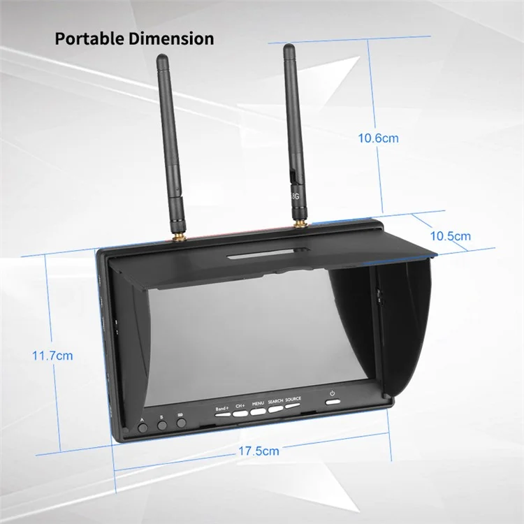 LS-5802D FPV Монитор 5.8Ghz 40 каналов 7-дюймовый экран Приемник монитор с козырьком и двойной антенной для FPV RC Drone Quadcopter - Евровилка