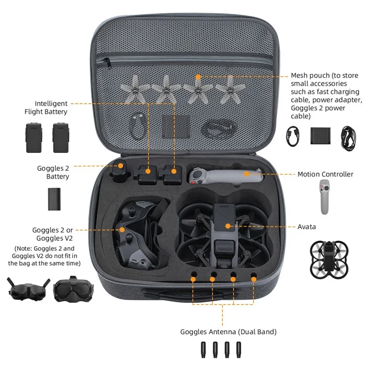 DJI-9579 Для DJI Avata Goggles 2 / V2 -беспилотнический Корпус Портативная Сумка Для Хранения Жесткого Корпуса с Плечевым Ремнем - Серый
