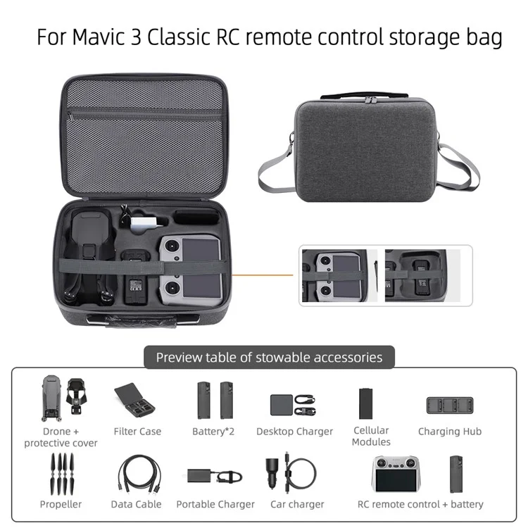BRDRC 9606 For DJI Mavic 3 Classic RC Drone Remote Control Storage Handbag Shockproof Carrying Case Portable Box with Shoulder Strap