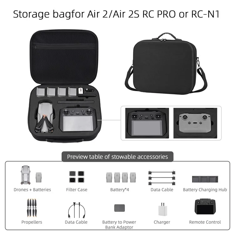 BRDRC DJI-9565 Storage Bag Carrying Case for DJI Air 2 / 2S Drone Body RC Pro / RC-N1 Remote Controller Shoulder Bag