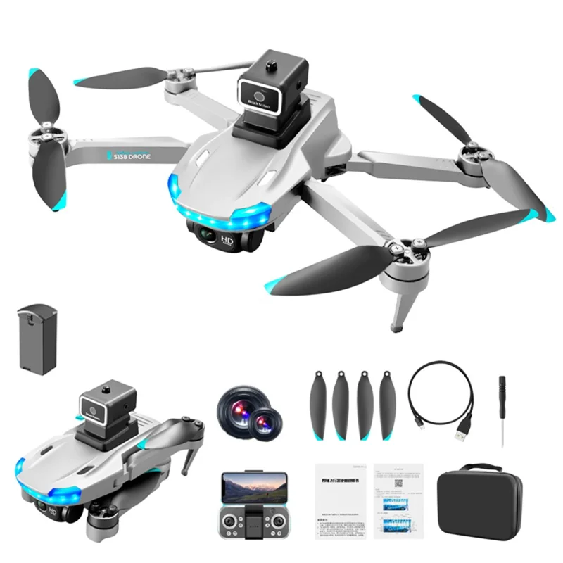 S138 Folding RC Brushless Mini Drone Optical Flow Positioning Obstacle Avoidance Aircraft Four-Axis Dual Camera Aerial Photo Airplane Toy (Single Battery) - Silver Grey