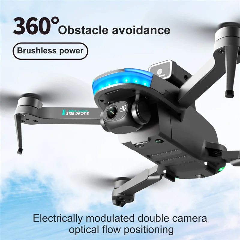 S138 Folding RC Brushless Mini Drone Optical Flow Positioning Obstacle Avoidance Aircraft Four-Axis Dual Camera Aerial Photo Airplane Toy (Single Battery) - Silver Grey