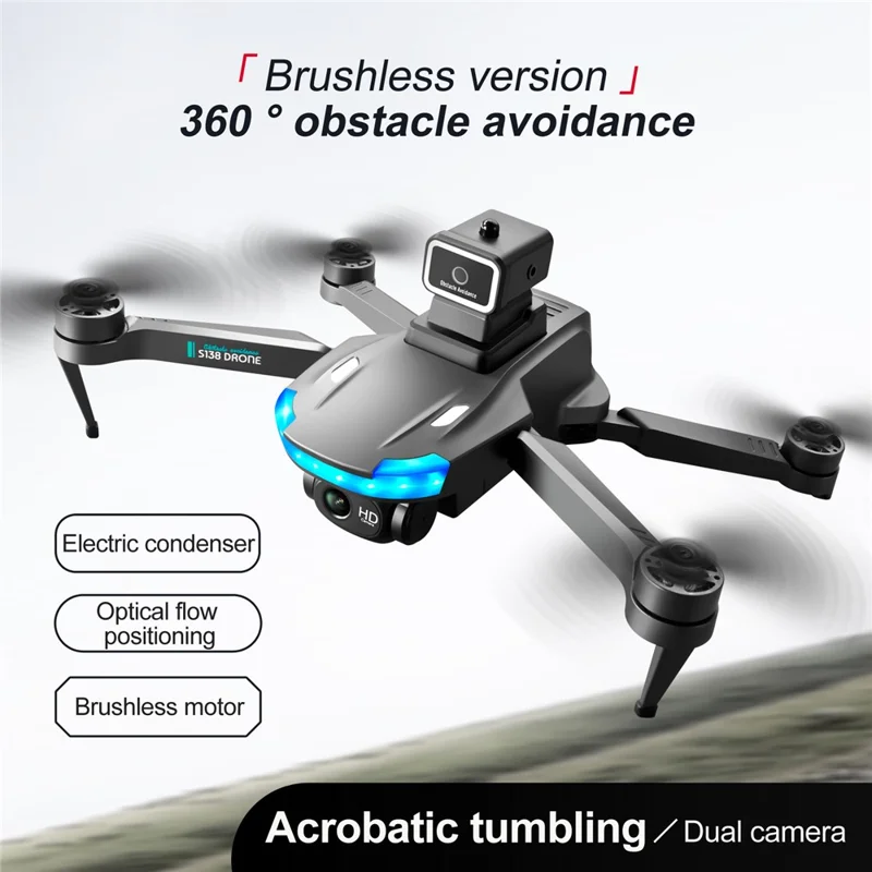 S138 Folding RC Brushless Mini Drone Optical Flow Positioning Obstacle Avoidance Aircraft Four-Axis Dual Camera Aerial Photo Airplane Toy (Single Battery) - Silver Grey
