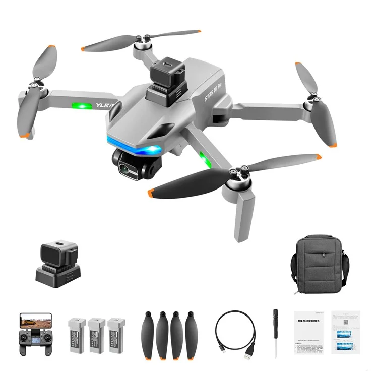 YLR / C S135 Brushless GPS Three-Axis Drone Self-Stabilizing Gimbal 8K HD Aerial Photo Remote Control Aircraft Obstacle Avoidance Folding Airplane Toy (3Pcs Batteries) - Grey
