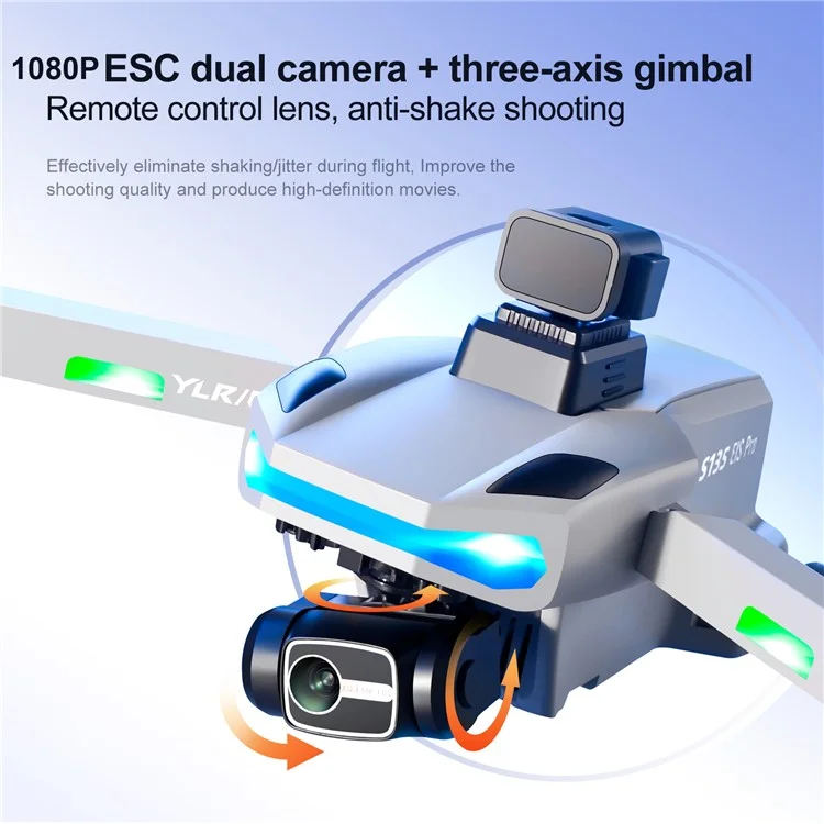 YLR / C S135 Brushless GPS Three-Axis Drone Self-Stabilizing Gimbal 8K HD Aerial Photo Remote Control Aircraft Obstacle Avoidance Folding Airplane Toy (3Pcs Batteries) - Grey