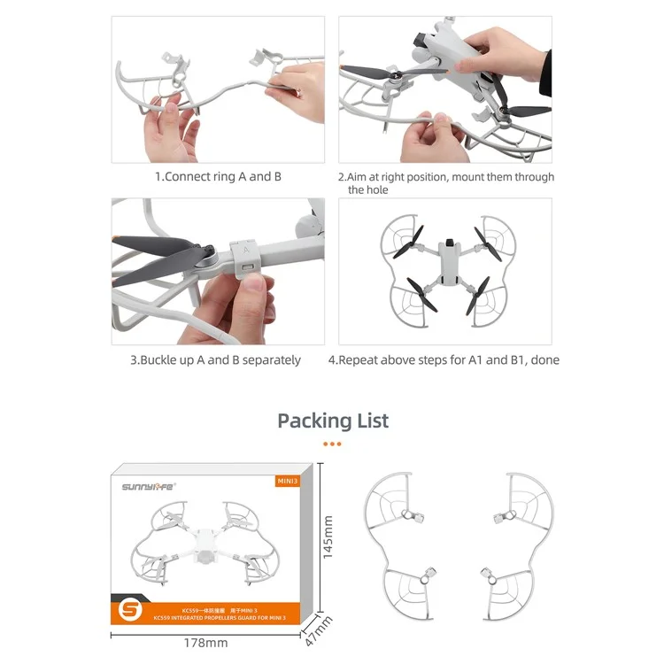 SUNNYLIFE MM3-KC559 Para DJI Mini 3 Protetor de Hélice Protetor de Anel Anti-colisão Liberação Rápida Anti-vibração