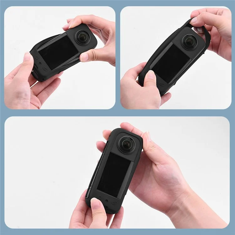 BRDRC Silicone Case für Insta360 X3 Panoramakamera, Kratzschutz, Schutzhülle mit Gurt - Schwarz