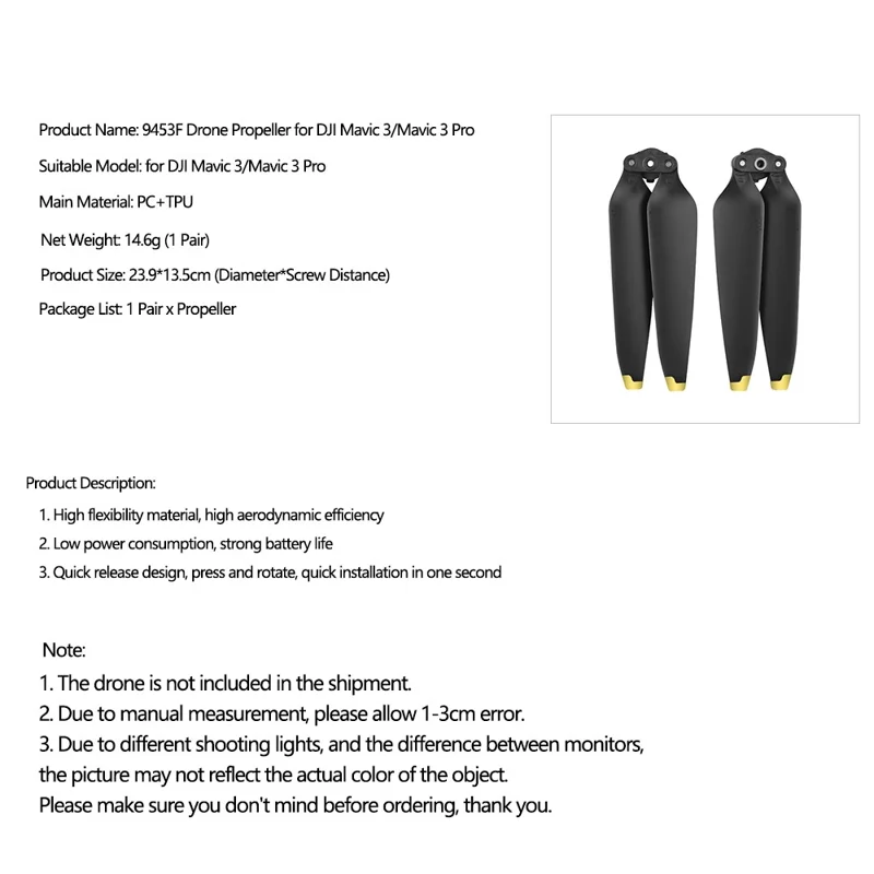 BRDRC 9453 1 Pair For DJI Mavic 3 / Mavic 3 Pro Quick Release Propeller Drone Blade Spare Parts - Gold Edge