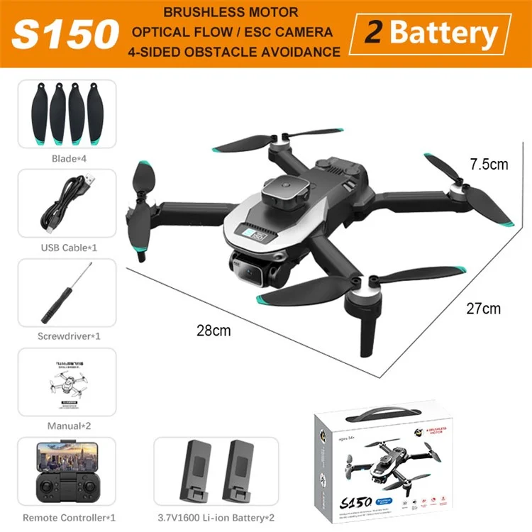 S150 Drone RC à Évitement d'Obstacles à 4 Côtés avec Caméra Double, Aéronef Pliable à Flux Optique et Positionnement, Quadricoptère avec Double Batterie