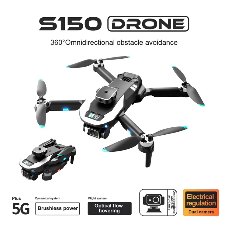 S150 Drone RC à Évitement d'Obstacles à 4 Côtés avec Caméra Double, Aéronef Pliable à Flux Optique et Positionnement, Quadricoptère avec Double Batterie